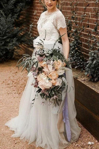 NumberSea Kurzärmliges Brautkleid im Landhausstil mit Spitze und Tüll in Silber mit Schärpe, MW308