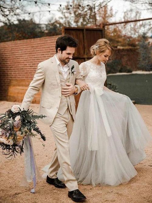 NumberSea Vestidos de noiva estilo country prateados com renda e tule e faixa, manga curta, MW308