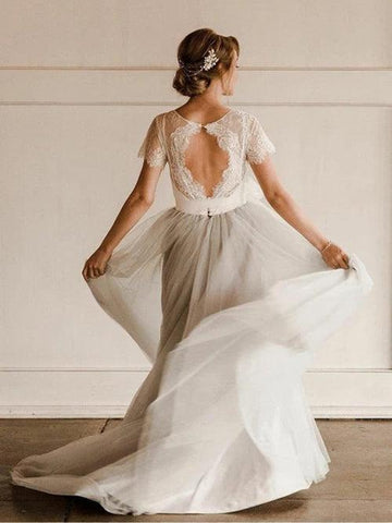 NumberSea Kurzärmliges Brautkleid im Landhausstil mit Spitze und Tüll in Silber mit Schärpe, MW308