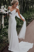 Suknia ślubna plażowa boho z satyny, dekolt w serek, proste ramiączka, NumberSea Simple Spaghetti Straps Mermaid V-Neck Satin Boho Beach Wedding Dresses, MW310