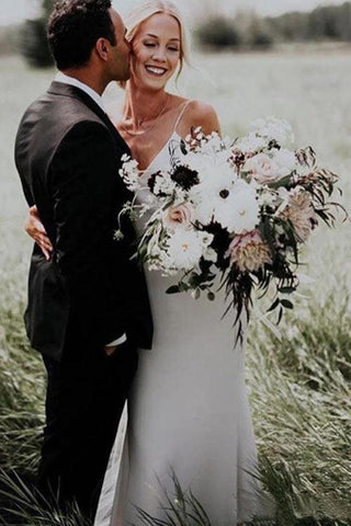 NumberSea Schlichte Spaghettiträger Meerjungfrau V-Ausschnitt Satin Boho Strand Brautkleider, MW310