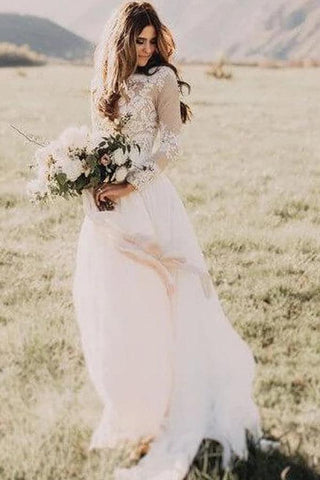 NumberSea Rustikales Brautkleid mit langen Ärmeln, Spitze, Applikation, Elfenbein, Strand-Brautkleid, MW315