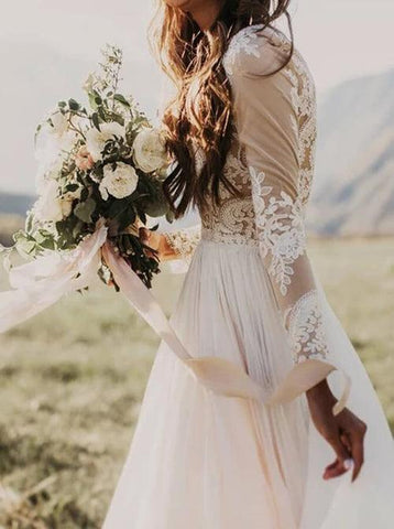NumberSea Rustikales Brautkleid mit langen Ärmeln, Spitze, Applikation, Elfenbein, Strand-Brautkleid, MW315