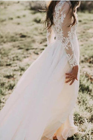 NumberSea Rustikales Brautkleid mit langen Ärmeln, Spitze, Applikation, Elfenbein, Strand-Brautkleid, MW315
