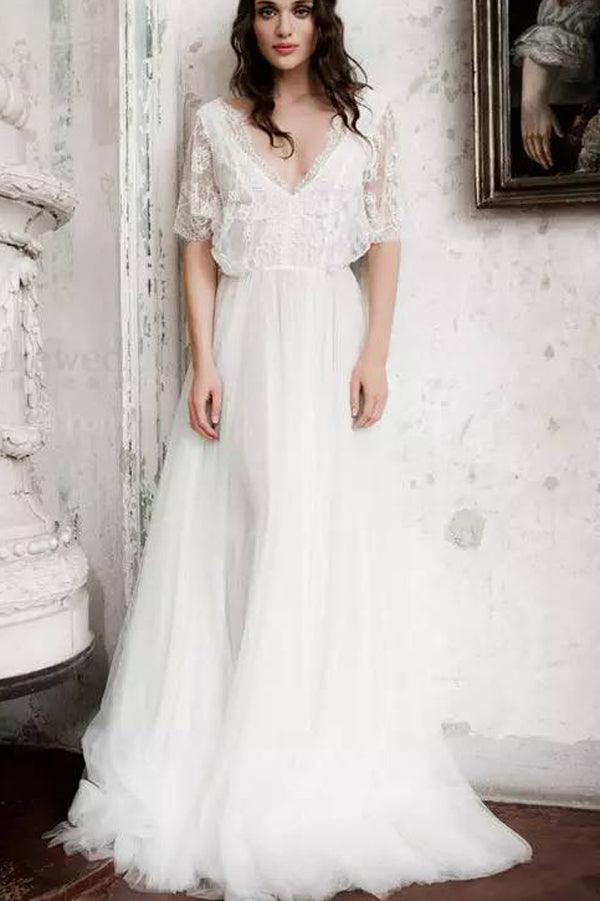 NumberSea Kurzärmeliges Boho-Brautkleid, Elfenbein, Spitze, Chiffon, rustikales Brautkleid, MW316