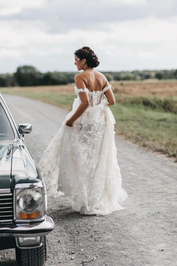 NumberSea Off the Shoulder Lace Beach Wedding Dresses Rustic Boho Wedding Dress,MW317