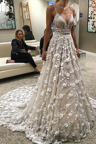 NumberSea Spaghettiträger Hofschleppe Rückenfreies Brautkleid mit Perlenbesatz, MW319
