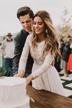 Chiffon A-Line Bateau Long Sleeves Wedding Dress with Appliques,MW320