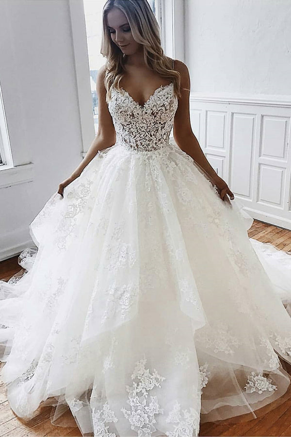 Gorgeous Ball Gown Sweetheart Spaghetti Straps Wedding Dresses with Appliques,MW323