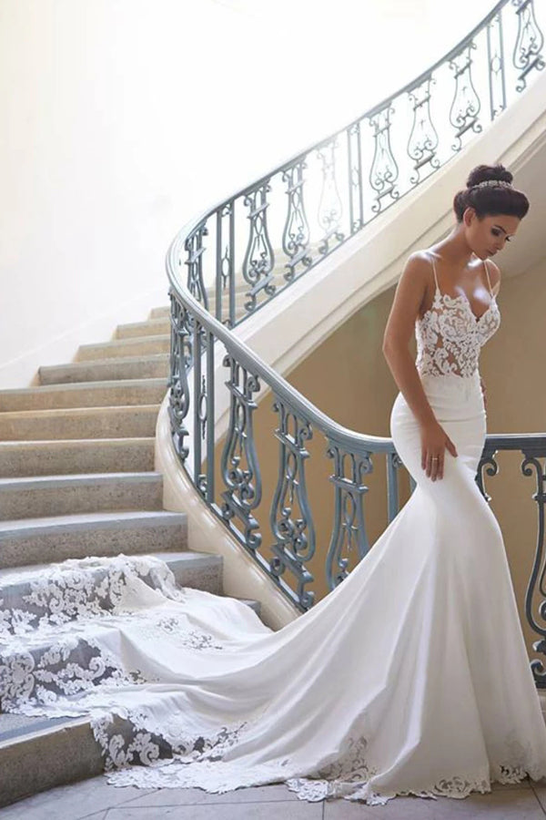 Vestidos de noiva elegantes com alças finas e cauda sereia, MW325