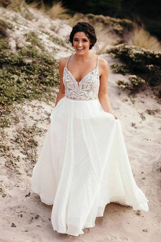 Vestido de noiva rústico com alças finas e missangas NumberSea, em chiffon marfim, MW328