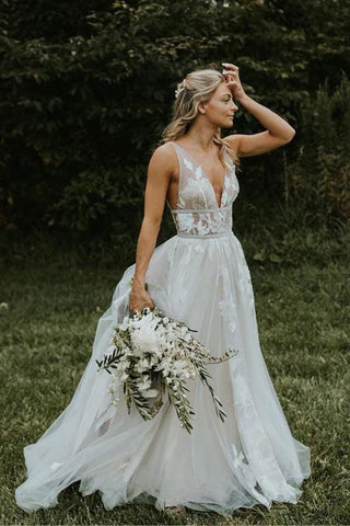 Vestidos de noiva de praia NumberSea, transparentes, decote em V, renda, marfim, costas em V, MW329
