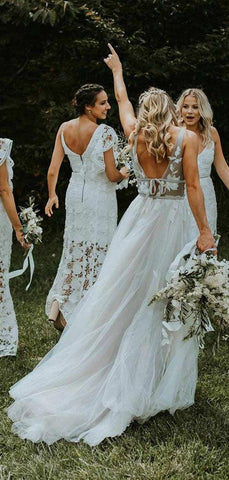 Vestidos de noiva de praia NumberSea, transparentes, decote em V, renda, marfim, costas em V, MW329
