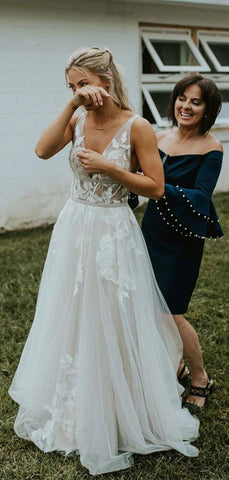 Vestidos de noiva de praia NumberSea, transparentes, decote em V, renda, marfim, costas em V, MW329