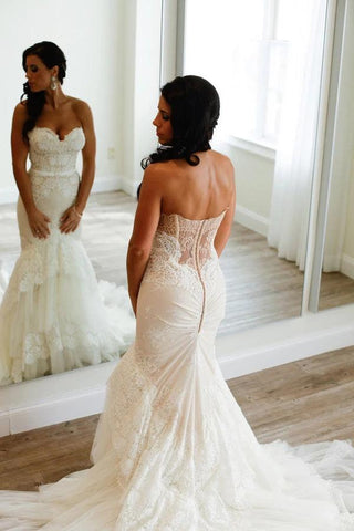 NumberSea Sweetheart Meerjungfrau Stufen-Brautkleid aus Spitze mit Rüschen und Schleppe, MW337