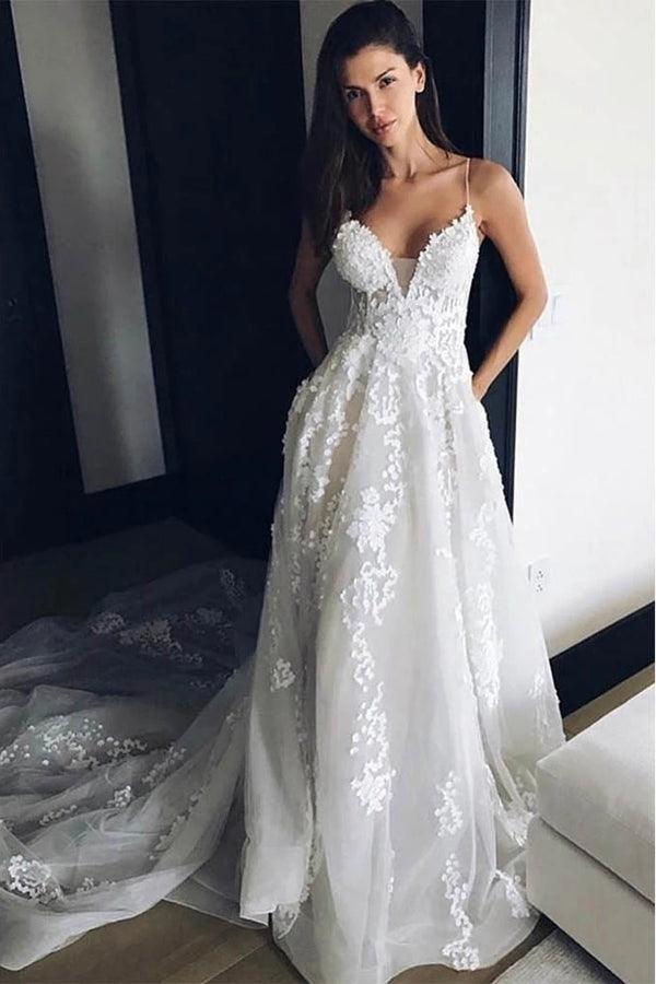Robe de mariée plage NumberSea à bretelles spaghetti, robe de mariée bohème avec dentelle à appliques, MW340