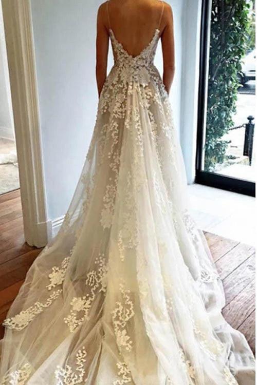 Robe de mariée plage NumberSea à bretelles spaghetti, robe de mariée bohème avec dentelle à appliques, MW340