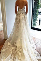 Robe de mariée plage NumberSea à bretelles spaghetti, robe de mariée bohème avec dentelle à appliques, MW340