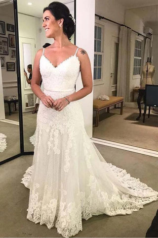 NumberSea Spaghettiträger Bedrucktes rückenfreies Strand-Brautkleid aus Spitze mit Schärpe, MW341