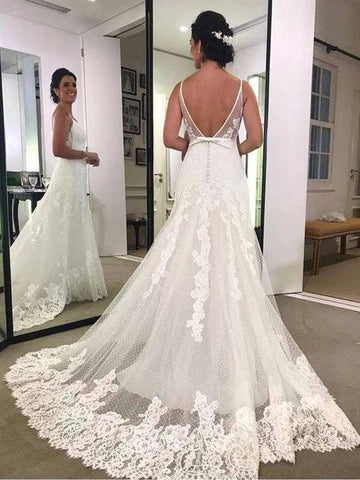 NumberSea Spaghettiträger Bedrucktes rückenfreies Strand-Brautkleid aus Spitze mit Schärpe, MW341