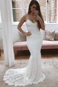 Vestido de noiva branco sem mangas NumberSea com alças finas e decote sereia, MW354