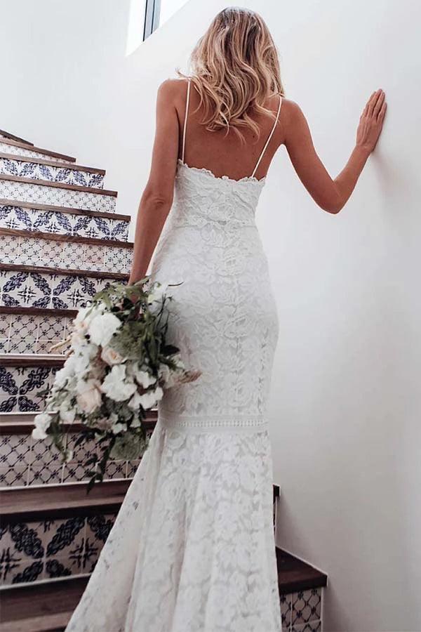 Vestido de noiva branco sem mangas NumberSea com alças finas e decote sereia, MW354