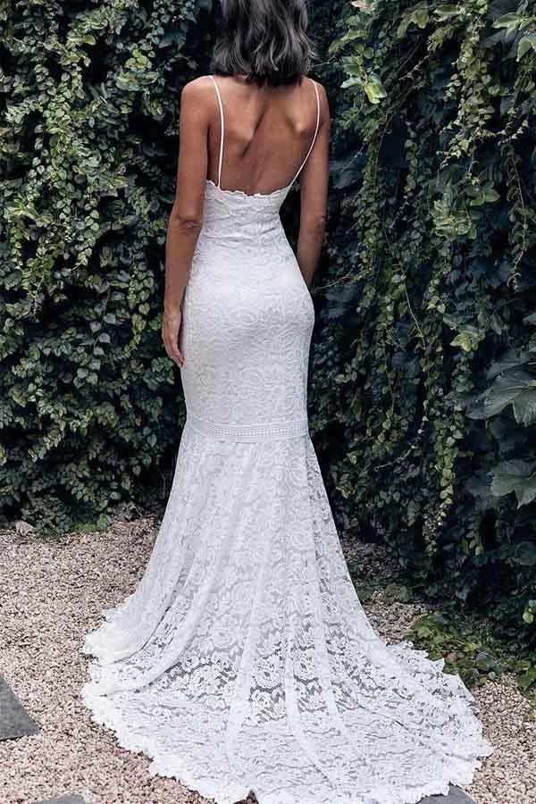 Vestido de noiva branco sem mangas NumberSea com alças finas e decote sereia, MW354