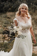 Vestido de novia barato de línea A con escote ilusión y aplicaciones de encaje en la espalda, MW356