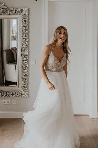 NumberSea Brautkleid mit Spaghettiträgern, Perlenbesetztem Oberteil und Pailletten-Netz, MW358