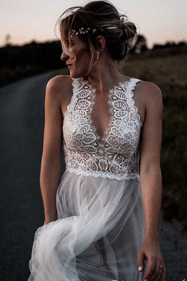 Lace Bodice Tulle Skirt Bridal Gown with a Low V Back Minimalist Wedding Dresses,MW360