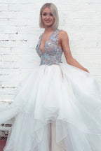 Layered Plunging Neck V-Back Long Wedding Dress with Colored Appliques,MW364