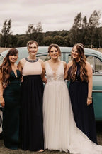 Graceful Ivory Beaded Deep V Illusion A-Line Wedding Gown Lace Wedding Dress,MW365