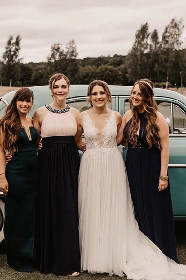 Graceful Ivory Beaded Deep V Illusion A-Line Wedding Gown Lace Wedding Dress,MW365