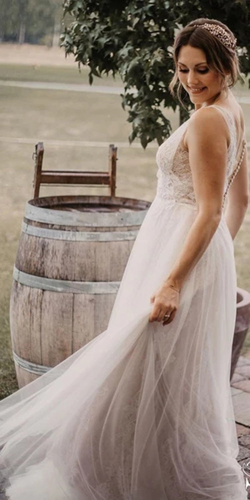 Graceful Ivory Beaded Deep V Illusion A-Line Wedding Gown Lace Wedding Dress,MW365