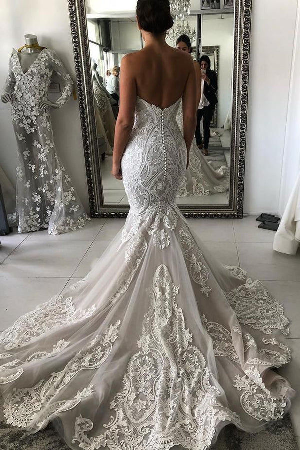 Gorgeous Wedding Dress with Drop Waist and Cascades Lace Mermaid with Court Train Bridal Dress,MW369