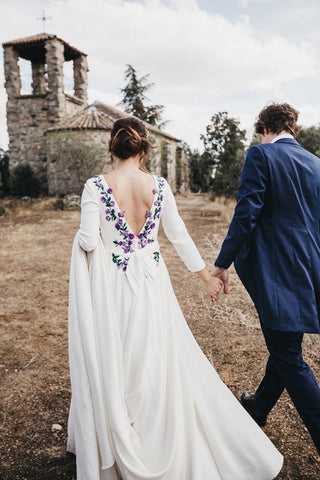 NumberSea Schlichtes Kornblumen-A-Linien-Brautkleid mit Satin-Stickerei und langen Ärmeln, MW373