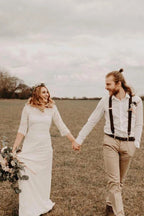 Elfenbein A-Linie Spitze Bateau-Ausschnitt 3/4 Ärmel Brautkleider Bodenlang Brautkleider, MW374