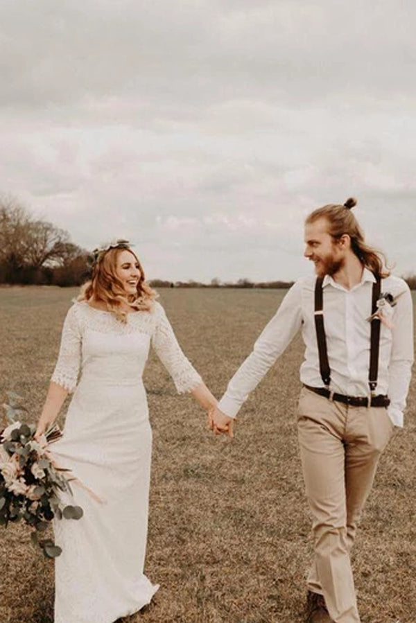 Elfenbein A-Linie Spitze Bateau-Ausschnitt 3/4 Ärmel Brautkleider Bodenlang Brautkleider, MW374