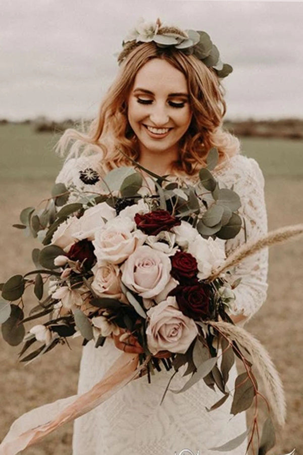 Elfenbein A-Linie Spitze Bateau-Ausschnitt 3/4 Ärmel Brautkleider Bodenlang Brautkleider, MW374