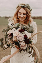 Elfenbein A-Linie Spitze Bateau-Ausschnitt 3/4 Ärmel Brautkleider Bodenlang Brautkleider, MW374