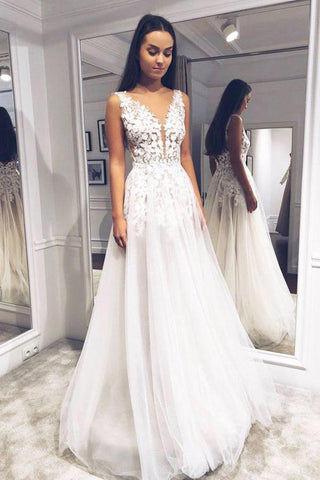 NumberSea Schlichtes A-Linien-Brautkleid mit V-Ausschnitt und offenem Rücken, Spitze, MW378