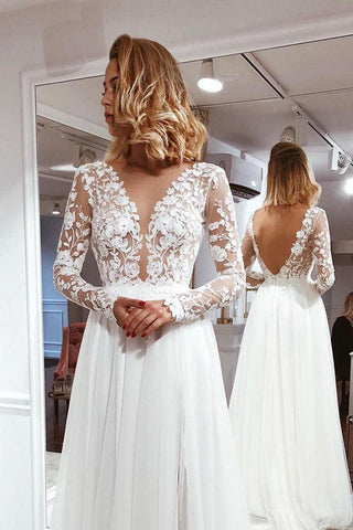 NumberSea Schlichtes A-Linien-Brautkleid mit V-Ausschnitt, offenem Rücken, elfenbeinfarbener Spitze und langen Ärmeln, MW381