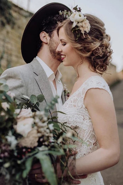 Lace Wedding Dress with Little Cap Sleeves Vintage Lace Pattern Bridal Dress,MW384