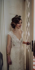 Lace Wedding Dress with Little Cap Sleeves Vintage Lace Pattern Bridal Dress,MW384