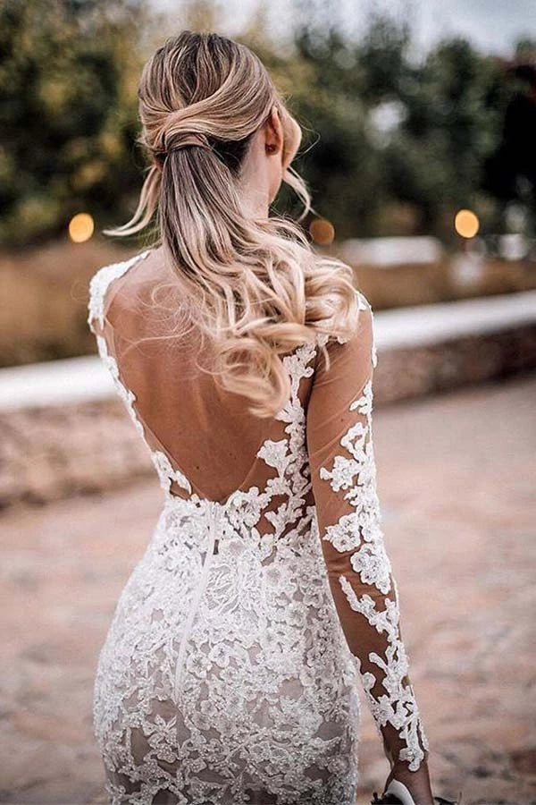 Lace Appliques See Though Mermaid Rustic Wedding With Sleeves,MW388