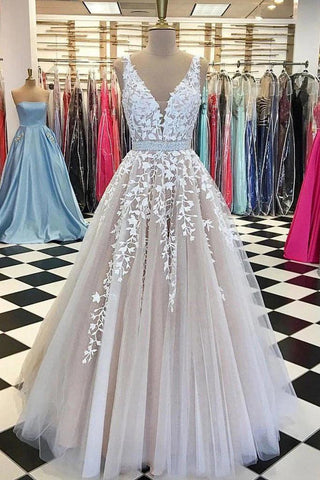 NumberSea NumberSea Langes Brautkleid mit V-Ausschnitt und Spitze, Tüll-Ballkleid mit Applikationen, MW396