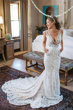 Vestido de novia con escote en V, sin mangas, estilo sirena, espalda descubierta, de encaje y con bolsillo, con cola de corte, modelo MW398 de NumberSea