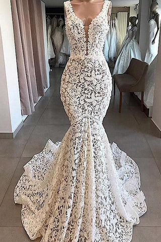 NumberSea Vintage Meerjungfrau V-Ausschnitt Rückenfrei Elfenbein Spitze Brautkleider, Elegantes Brautkleid, MW405