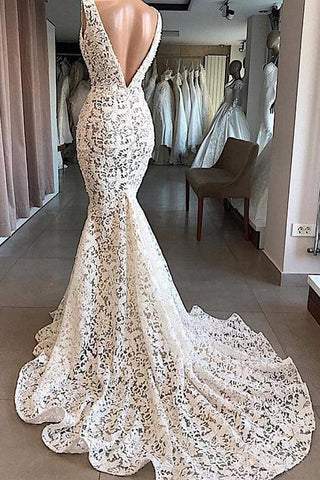 NumberSea Vintage Meerjungfrau V-Ausschnitt Rückenfrei Elfenbein Spitze Brautkleider, Elegantes Brautkleid, MW405