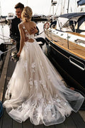 Vestito da sposa spiaggia con applicazioni floreali, abito da sposa boho con schiena scoperta, MW408
